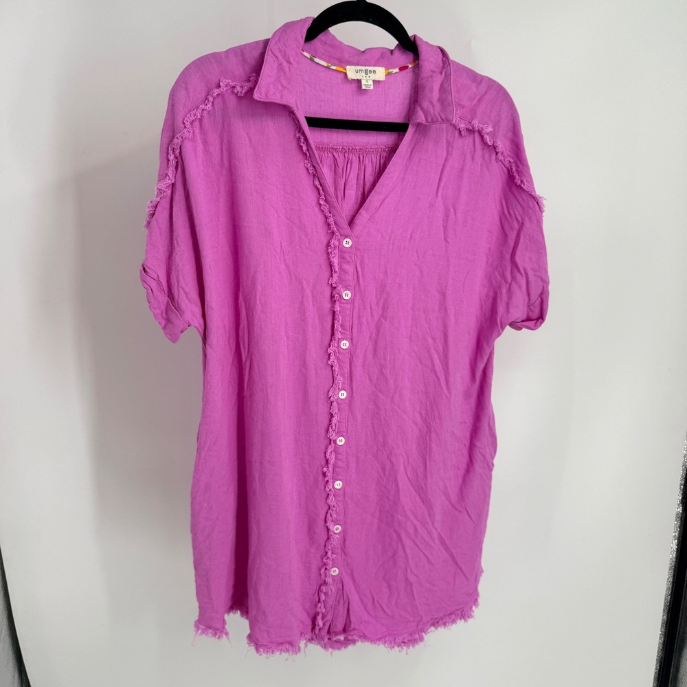 Umgee Pink Linen Blend Frayed Raw Hem Button Down Tunic Top Pockets S Solid Boho
